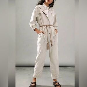 Anthropologie Sydney Embroidered Utility Jumpsuit with eyelet details size S